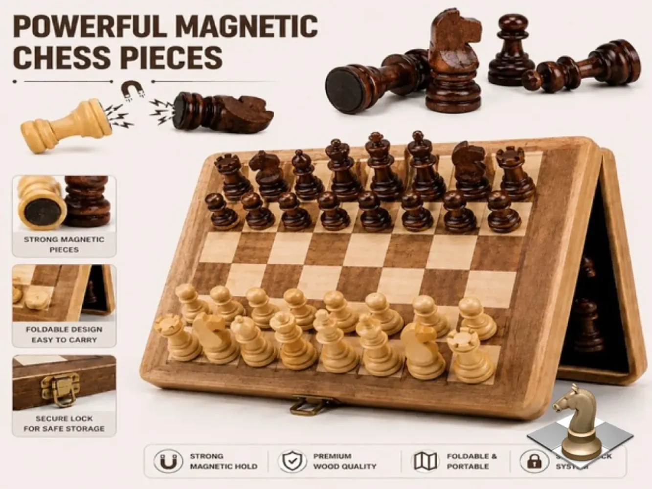 Luxury Portable Magnetic Chess Board Set – Handmade Wooden Folding Chess Game-12 inches